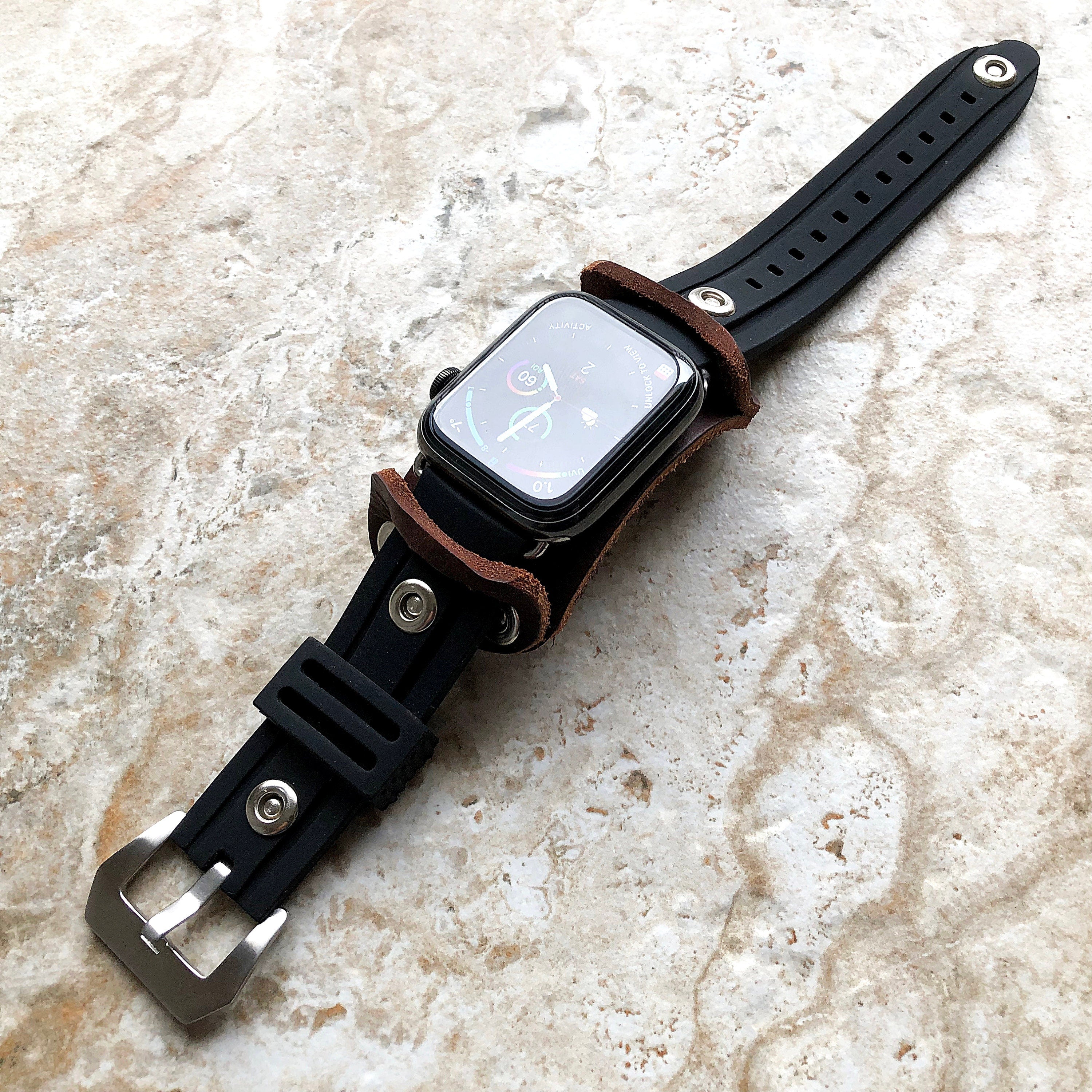 Apple Brown Leather with Black Rubber Band for iWatch Ultra 2 9 8 7 6 SE 5 4 3 2 1 Case 38mm 40 41mm 42mm 44mm 45mm 49mm Bracelet Strap Cuff